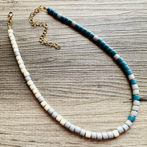 18K Gold Block Layering Cream & Blue Beaded 1 Strand Necklace, Colorful Jewelry, Chunky statement necklace, jelly bean necklace confetti