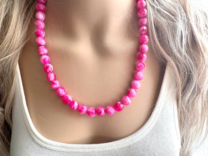 Hot Pink Pink Chunky Statement Necklace, 1 Strand Beaded Jewelry, Pink White cream jewelry, jewel tone mermaid bib dark pink earrings