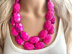 Lover Necklace Pink Statement, chunky bib beaded jewelry, Valentine blush hot pink beaded electric heart Valentines Day tie dye