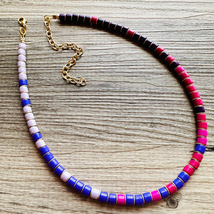 18K Gold Block Layering Pink & Purple Beaded 1 Strand Necklace, Colorful Jewelry, Chunky statement necklace, jelly bean necklace confetti