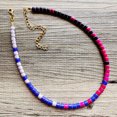 18K Gold Block Layering Pink & Purple Beaded 1 Strand Necklace, Colorful Jewelry, Chunky statement necklace, jelly bean necklace confetti