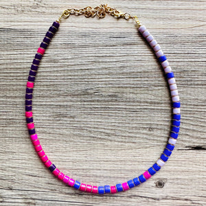 18K Gold Block Layering Pink & Purple Beaded 1 Strand Necklace, Colorful Jewelry, Chunky statement necklace, jelly bean necklace confetti