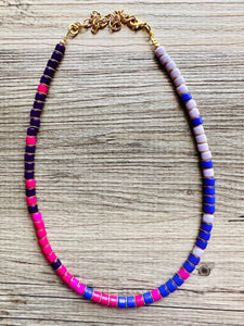 18K Gold Block Layering Pink & Purple Beaded 1 Strand Necklace, Colorful Jewelry, Chunky statement necklace, jelly bean necklace confetti