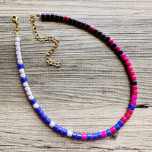 Load image into Gallery viewer, 18K Gold Block Layering Pink &amp; Purple Beaded 1 Strand Necklace, Colorful Jewelry, Chunky statement necklace, jelly bean necklace confetti