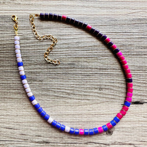 18K Gold Block Layering Pink & Purple Beaded 1 Strand Necklace, Colorful Jewelry, Chunky statement necklace, jelly bean necklace confetti