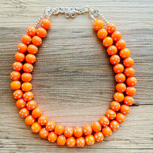 Load image into Gallery viewer, Orange Mirror Ball Silver Chain necklace, stunning sparkle shimmer statement bib necklace, 2 strand necklace electric orange geometric