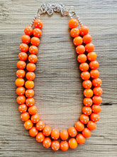 Load image into Gallery viewer, Orange Mirror Ball Silver Chain necklace, stunning sparkle shimmer statement bib necklace, 2 strand necklace electric orange geometric