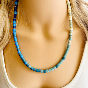 18K Gold Block Layering Blue Ombré Beaded 1 Strand Necklace, Colorful Jewelry, Chunky statement necklace, jelly bean necklace confetti