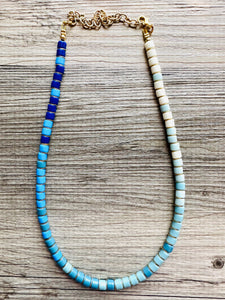 18K Gold Block Layering Blue Ombré Beaded 1 Strand Necklace, Colorful Jewelry, Chunky statement necklace, jelly bean necklace confetti