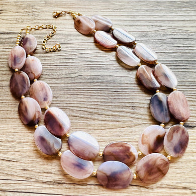 Earthy Neutral Statement Necklace, Brown Blue Purple, Chunky Two Strand Jewelry, gold dinosaur egg crackle beaded jewelry OOAK
