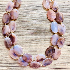 Earthy Neutral Statement Necklace, Brown Blue Purple, Chunky Two Strand Jewelry, gold dinosaur egg crackle beaded jewelry OOAK