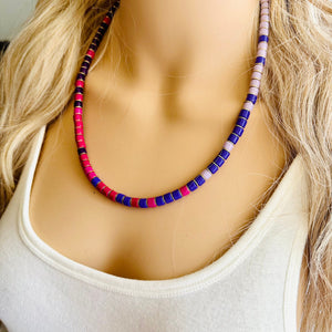 18K Gold Block Layering Pink & Purple Beaded 1 Strand Necklace, Colorful Jewelry, Chunky statement necklace, jelly bean necklace confetti