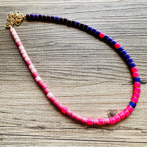 18K Gold Block Layering Pink & Purple Beaded 1 Strand Necklace, Colorful Jewelry, Chunky statement necklace, jelly bean necklace confetti