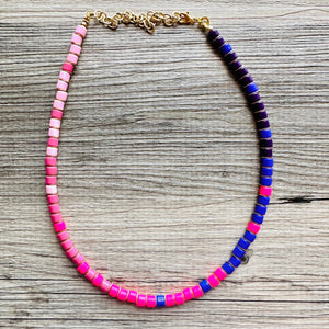 18K Gold Block Layering Pink & Purple Beaded 1 Strand Necklace, Colorful Jewelry, Chunky statement necklace, jelly bean necklace confetti