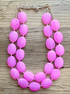 Hot Pink Rock Candy statement necklace and earring set, color block jewelry, pink chunky bib silver necklace, beaded jewelry crackle magenta