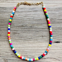 Load image into Gallery viewer, 18K Gold Block Layering Rainbow Beaded 1 Strand Necklace, Colorful Jewelry, Chunky statement necklace, jelly bean necklace confetti pride