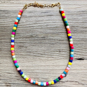 18K Gold Block Layering Rainbow Beaded 1 Strand Necklace, Colorful Jewelry, Chunky statement necklace, jelly bean necklace confetti pride