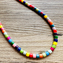 Load image into Gallery viewer, 18K Gold Block Layering Rainbow Beaded 1 Strand Necklace, Colorful Jewelry, Chunky statement necklace, jelly bean necklace confetti pride