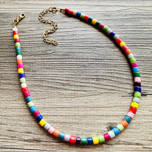 18K Gold Block Layering Rainbow Beaded 1 Strand Necklace, Colorful Jewelry, Chunky statement necklace, jelly bean necklace confetti pride