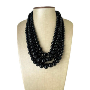 Black Graduated Necklace, 5 strand jewelry, round beaded chunky statement necklace, black necklace, black Pearl jewelry, formal drop long