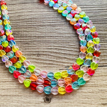 Load image into Gallery viewer, Rainbow Heart Statement Necklace, Chunky triple Strand Jewelry, Valentines Day jewelry, chunky neon bib beaded necklace colorful