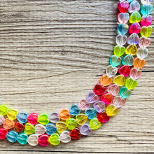 Load image into Gallery viewer, Rainbow Heart Statement Necklace, Chunky triple Strand Jewelry, Valentines Day jewelry, chunky neon bib beaded necklace colorful