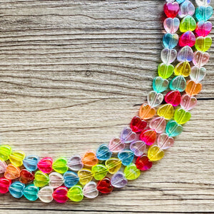 Rainbow Heart Statement Necklace, Chunky triple Strand Jewelry, Valentines Day jewelry, chunky neon bib beaded necklace colorful