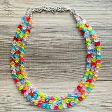 Load image into Gallery viewer, Rainbow Heart Statement Necklace, Chunky triple Strand Jewelry, Valentines Day jewelry, chunky neon bib beaded necklace colorful