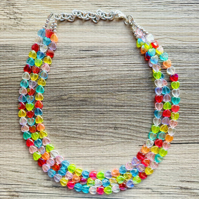 Rainbow Heart Statement Necklace, Chunky triple Strand Jewelry, Valentines Day jewelry, chunky neon bib beaded necklace colorful