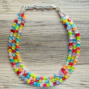 Rainbow Heart Statement Necklace, Chunky triple Strand Jewelry, Valentines Day jewelry, chunky neon bib beaded necklace colorful
