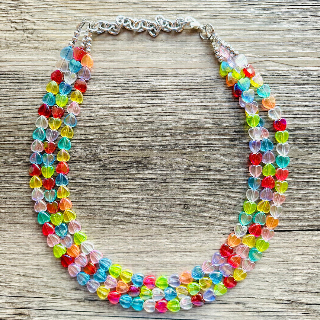 Rainbow Heart Statement Necklace, Chunky triple Strand Jewelry, Valentines Day jewelry, chunky neon bib beaded necklace colorful