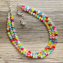 Load image into Gallery viewer, Rainbow Heart Statement Necklace, Chunky triple Strand Jewelry, Valentines Day jewelry, chunky neon bib beaded necklace colorful