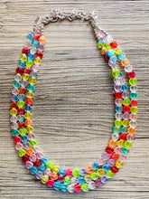 Load image into Gallery viewer, Rainbow Heart Statement Necklace, Chunky triple Strand Jewelry, Valentines Day jewelry, chunky neon bib beaded necklace colorful