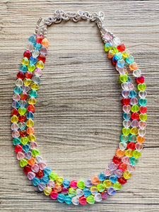 Rainbow Heart Statement Necklace, Chunky triple Strand Jewelry, Valentines Day jewelry, chunky neon bib beaded necklace colorful