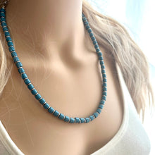 Load image into Gallery viewer, Cadet Blue Block Layering Gunmetal Silver Ombré Beaded 1 Strand Necklace, Colorful Jewelry, neutral statement jelly bean necklace confetti