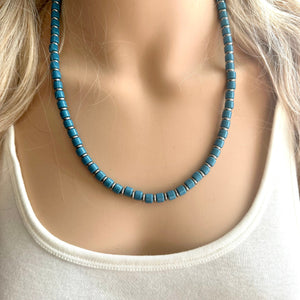 Cadet Blue Block Layering Gunmetal Silver Ombré Beaded 1 Strand Necklace, Colorful Jewelry, neutral statement jelly bean necklace confetti