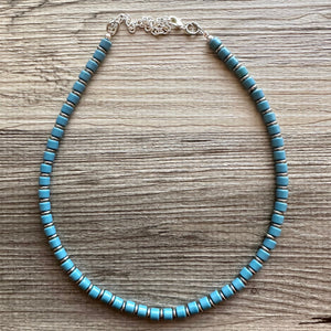 Cadet Blue Block Layering Gunmetal Silver Ombré Beaded 1 Strand Necklace, Colorful Jewelry, neutral statement jelly bean necklace confetti