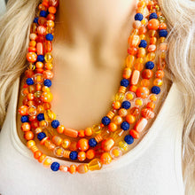 Load image into Gallery viewer, Mercury in Retrograde Orange Chunky Statement Necklace, Royal Blue rhinestone Big bib beaded jewelry, 4 Strand Statement Necklace