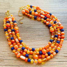 Load image into Gallery viewer, Mercury in Retrograde Orange Chunky Statement Necklace, Royal Blue rhinestone Big bib beaded jewelry, 4 Strand Statement Necklace
