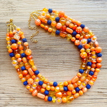 Load image into Gallery viewer, Mercury in Retrograde Orange Chunky Statement Necklace, Royal Blue rhinestone Big bib beaded jewelry, 4 Strand Statement Necklace