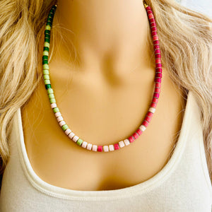 18K Gold Block Layering Pink & Green Beaded 1 Strand Necklace, Colorful Jewelry, Chunky statement necklace, jelly bean necklace confetti