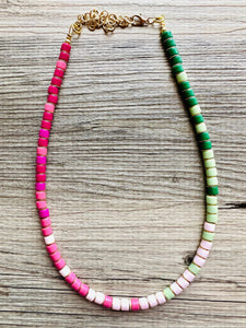 18K Gold Block Layering Pink & Green Beaded 1 Strand Necklace, Colorful Jewelry, Chunky statement necklace, jelly bean necklace confetti