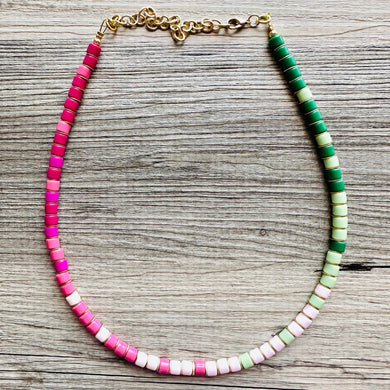 18K Gold Block Layering Pink & Green Beaded 1 Strand Necklace, Colorful Jewelry, Chunky statement necklace, jelly bean necklace confetti