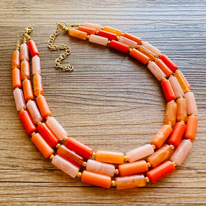 Bright Chunky Orange Statement Necklace, Big beaded jewelry, Double Strand Statement, Bib necklace peach bridesmaid wedding clementine