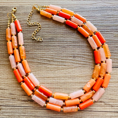 Bright Chunky Orange Statement Necklace, Big beaded jewelry, Double Strand Statement, Bib necklace peach bridesmaid wedding clementine