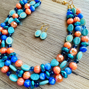 Fairy Dust Statement Necklace, multi Strand Beaded Jewelry, Blue Orange jewelry, gold and blue necklace, turquoise coral aqua big beaded