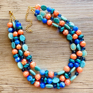 Fairy Dust Statement Necklace, multi Strand Beaded Jewelry, Blue Orange jewelry, gold and blue necklace, turquoise coral aqua big beaded