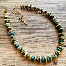 Load image into Gallery viewer, Natural Hawks Eye Emerald Chunky Statement Necklace, layering gem jewelry beaded gold single strand beaded, OOAK green gold gemstone