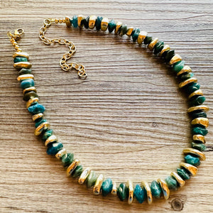 Natural Hawks Eye Emerald Chunky Statement Necklace, layering gem jewelry beaded gold single strand beaded, OOAK green gold gemstone