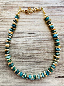 Natural Hawks Eye Emerald Chunky Statement Necklace, layering gem jewelry beaded gold single strand beaded, OOAK green gold gemstone